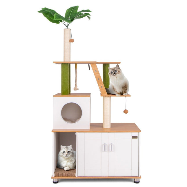 Kratzbaum mit Katzenschrank &amp; Höhle &amp; Kratzbrett &amp; Kunstpflanze Katzenbaum Katzenhaus