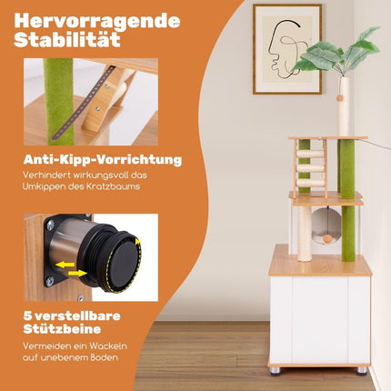 Kratzbaum mit Katzenschrank &amp; Höhle &amp; Kratzbrett &amp; Kunstpflanze Katzenbaum Katzenhaus