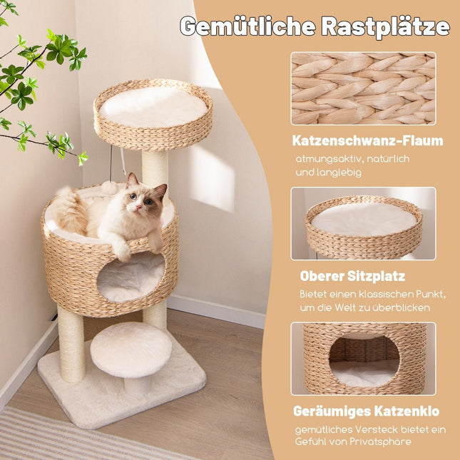 Kratzbaum mit Katzenhöhle 104 cm hoch Katzenbaum mit Sitzstange &amp; Plattform Beige + Natur