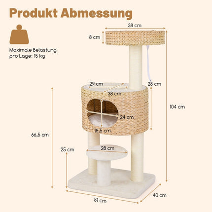 Arbre à chat avec grotte à chat de 104 cm de haut avec perchoir et plateforme beige + naturel