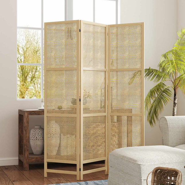 Paravent Séparateur de pièce en 3 parties 135 x 180 cm en rotin PP, séparateur de pièce pliable, brise-vue pour salon, naturel
