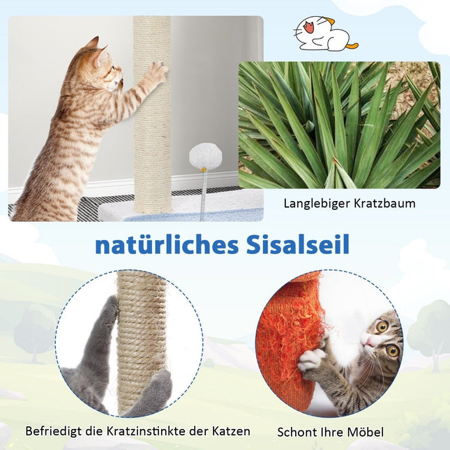 Kratzbaum Seaside, 3-stöckiger Katzenturm mit Sisal-bezogenen Pfosten, Blau, 49 x 38 x 86 cm