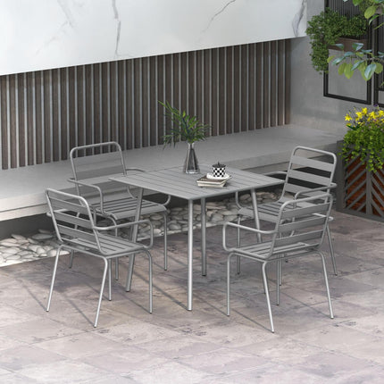 Gartenmöbel-Set – Esstisch aus Stahl & 4 Stühle, hellgrau
