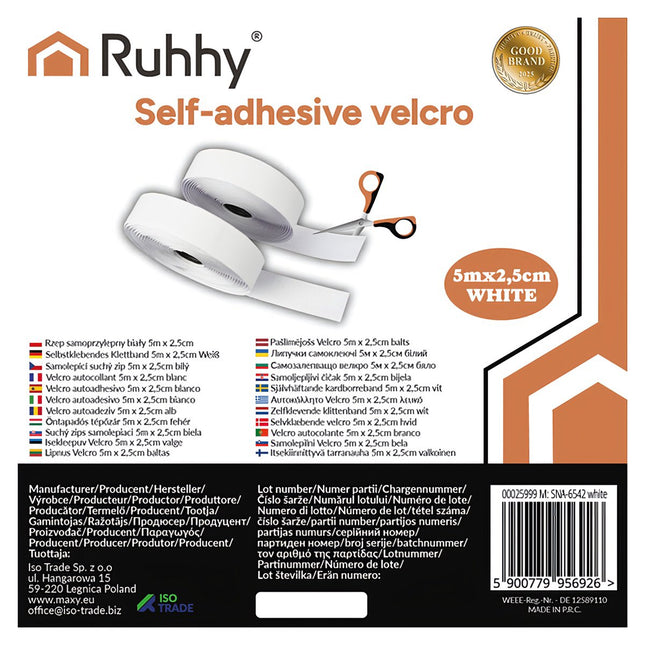 Bande Velcro autocollante, blanche, 5 m x 2,5 cm
