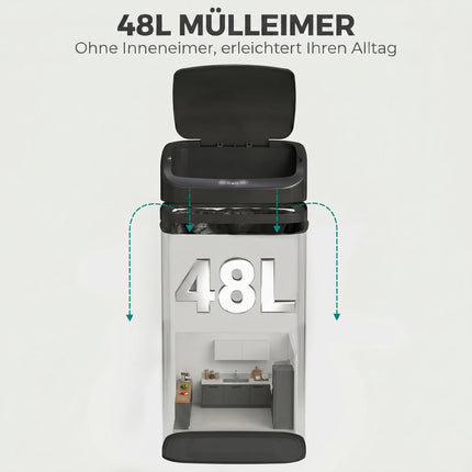 Sensor Rubbish Bin 48 L with Automatic Lid, Stainless Steel, Black, Touch-Free