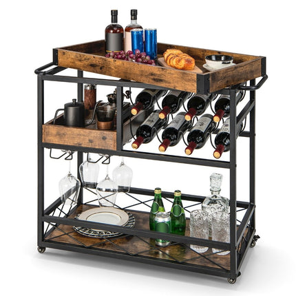 Chariot de service Chariot à barre roulante à 3 étages avec plateau amovible 80 x 40 x 83 cm Marron rustique