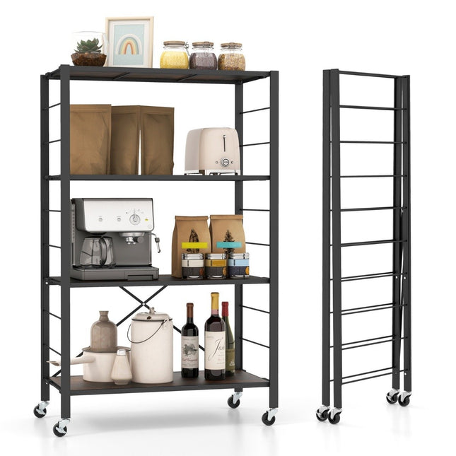 Chariot de service pliable Chariot de cuisine 4 niveaux avec roulettes amovibles 76 x 36 x 122 cm noir + marron rustique