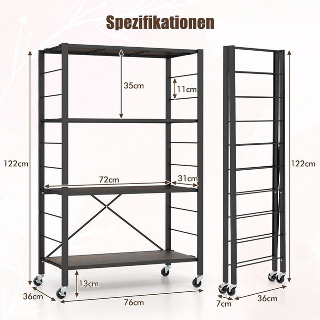 Chariot de service pliable Chariot de cuisine 4 niveaux avec roulettes amovibles 76 x 36 x 122 cm noir + marron rustique