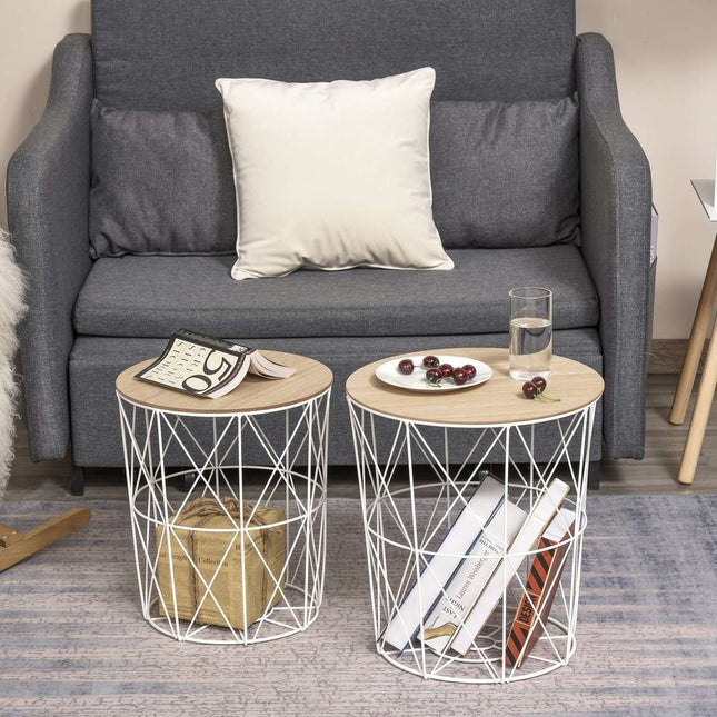 2 runde Couchtische, natur & weiß MDF, Metall