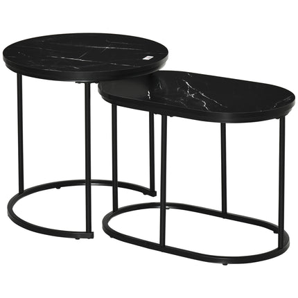 Set aus 2 stapelbaren runden Couchtischen, Marmoroptik, schwarz