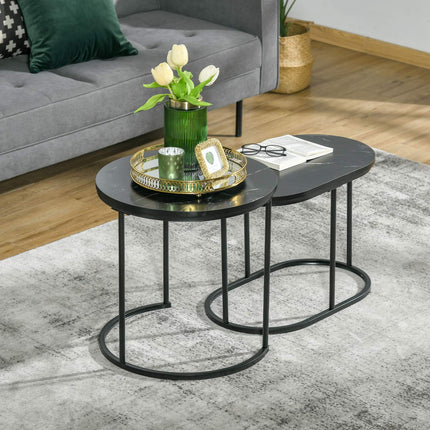 Set aus 2 stapelbaren runden Couchtischen, Marmoroptik, schwarz
