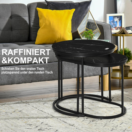 Set aus 2 stapelbaren runden Couchtischen, Marmoroptik, schwarz