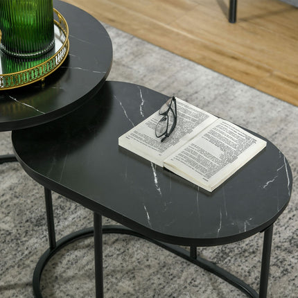 Set aus 2 stapelbaren runden Couchtischen, Marmoroptik, schwarz