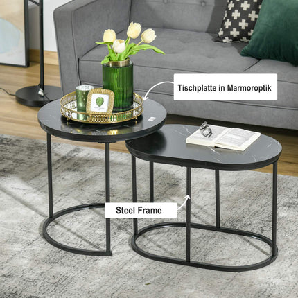 Set aus 2 stapelbaren runden Couchtischen, Marmoroptik, schwarz
