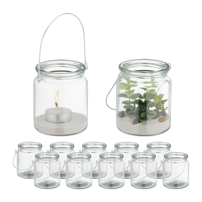 Lot de 12 lanternes à bougies en verre avec poignées