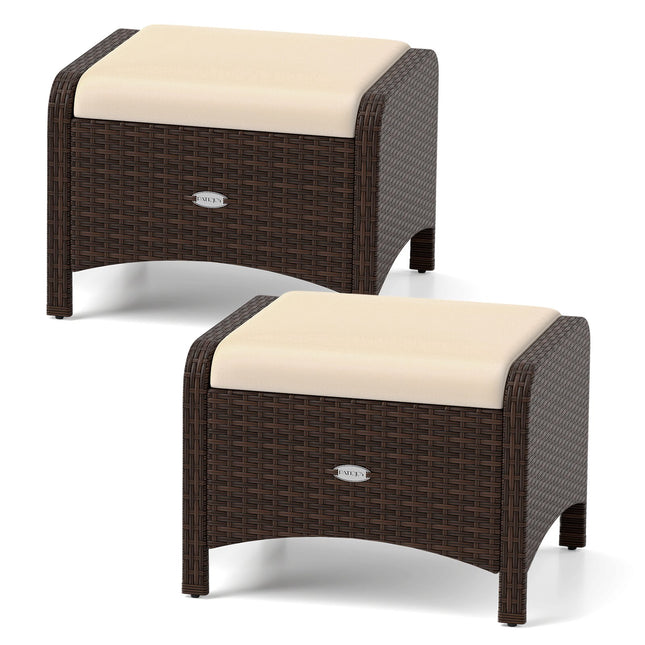 2 braune Rattan-Sitzhocker mit Kissen im Set