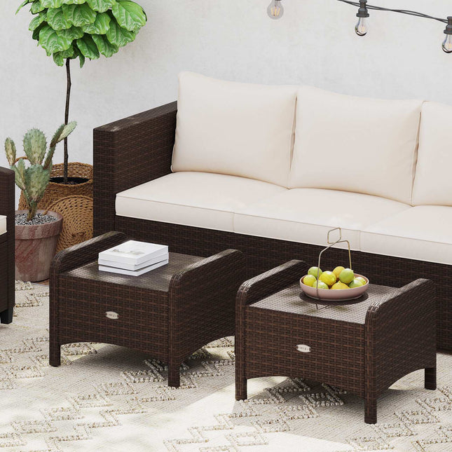 2 braune Rattan-Sitzhocker mit Kissen im Set