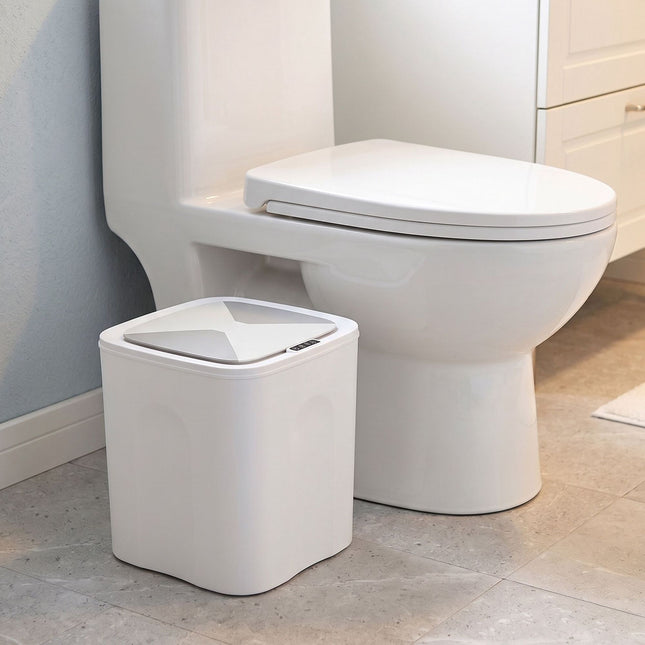 Lot de 2 poubelles à capteur en plastique crème, 14 L et 16 L