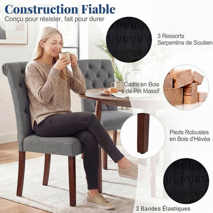 Ensemble de 2 chaises de salle à manger grises, assise rembourrée, pieds en bois