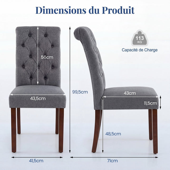 Ensemble de 2 chaises de salle à manger grises, assise rembourrée, pieds en bois