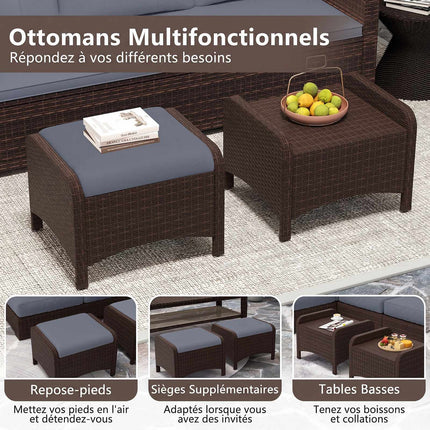 Ensemble de 2 poufs de jardin en rotin gris avec coussins