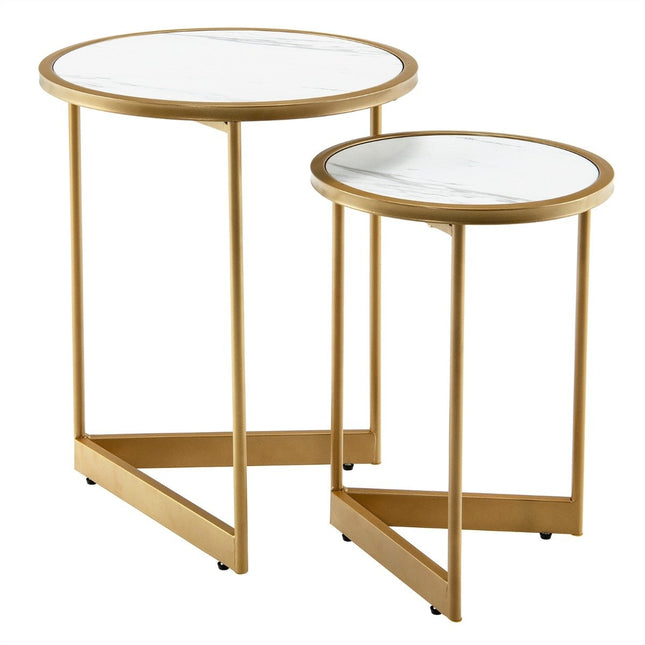 2er-Set Couchtische in Marmoroptik mit goldenen Metallbeinen, moderner Beistelltisch