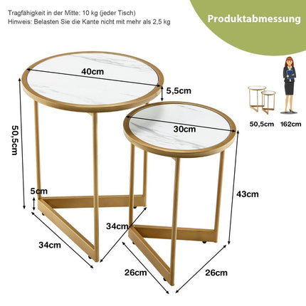 Ensemble de 2 tables basses aspect marbre avec pieds en métal doré, table d'appoint moderne