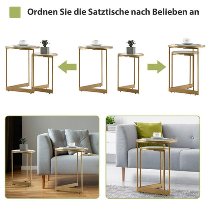 Ensemble de 2 tables basses aspect marbre avec pieds en métal doré, table d'appoint moderne