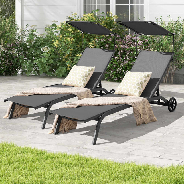 Ensemble de 2 chaises longues inclinables avec auvent et roulettes