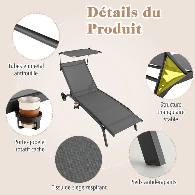 Ensemble de 2 chaises longues inclinables avec auvent et roulettes