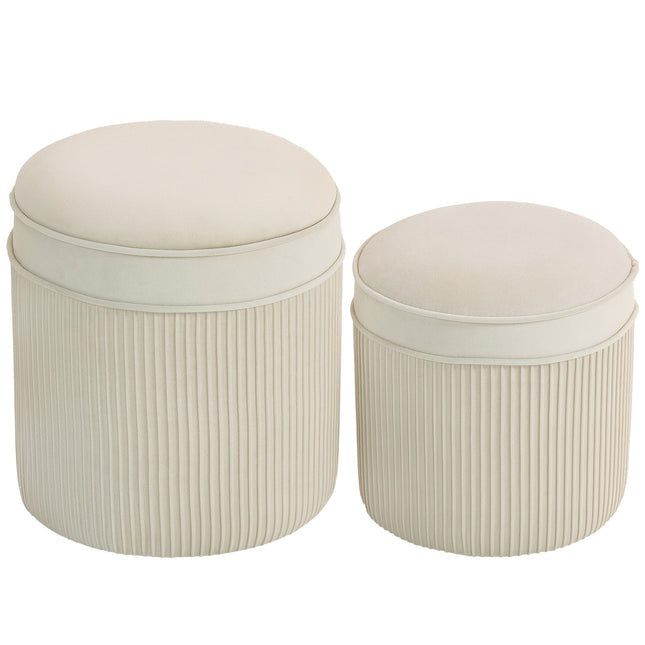 Lot de 2 poufs de rangement ronds en velours, couleur crème, 36 x 36 x 41,5 cm