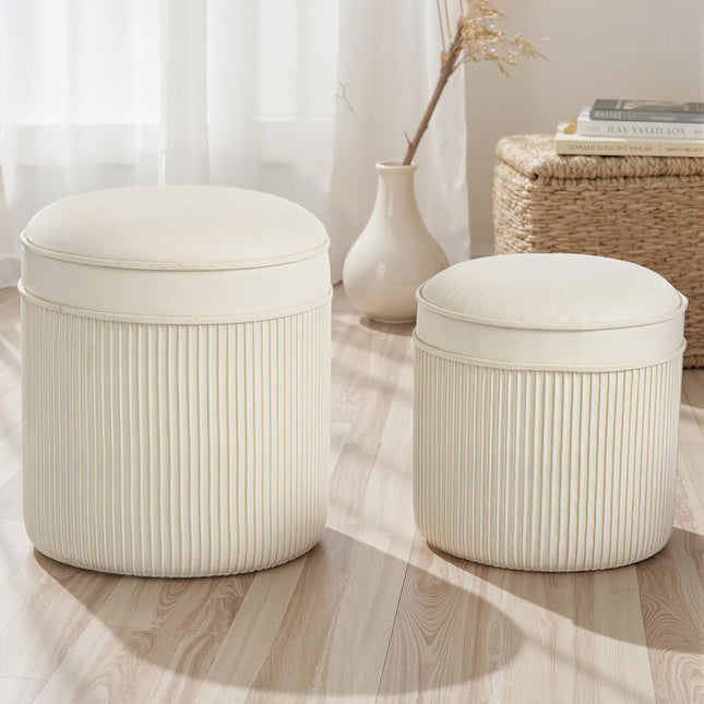 Lot de 2 poufs de rangement ronds en velours, couleur crème, 36 x 36 x 41,5 cm