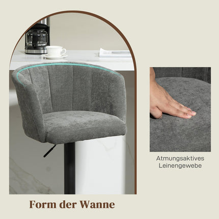 Lot de 2 tabourets de bar, tabourets bistro avec repose-pieds, chaise de bar pivotante, tabourets de cuisine réglables en hauteur avec housse en lin, pour salon, salle à manger, gris foncé