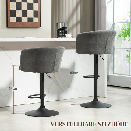 Lot de 2 tabourets de bar, tabourets bistro avec repose-pieds, chaise de bar pivotante, tabourets de cuisine réglables en hauteur avec housse en lin, pour salon, salle à manger, gris foncé