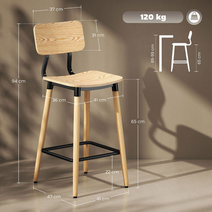 2er-Set Barhocker mit Rückenlehne, Barstühle für Hausbar, Kücheninsel, Esszimmer, Holz, Metall, Hellbraun