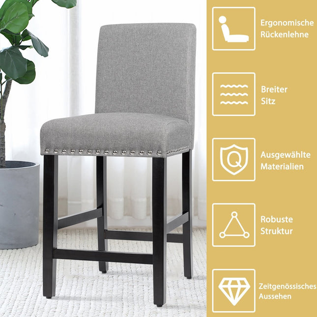 Lot de 2 tabourets de bar avec pieds en bois d'hévéa et chaises de bar en tissu lin respirant gris