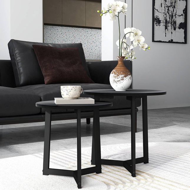 Lot de 2 tables basses, tables d'appoint rondes, table basse avec structure en acier, table de canapé au design moderne, pour le salon, capacité de charge jusqu'à 35 kg, noir