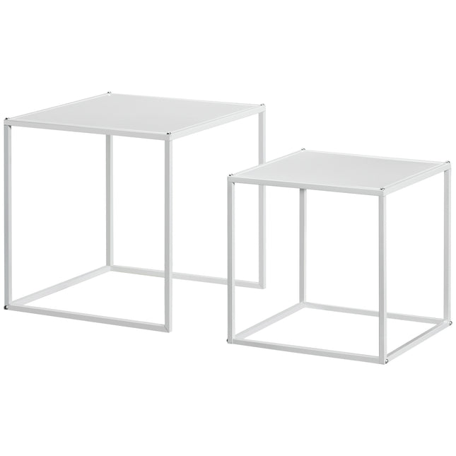 Moderner weißer quadratischer Couchtisch mit Stahlrahmen, 2er-Set
