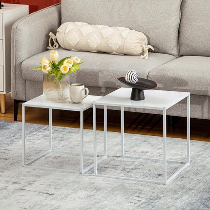 Moderner weißer quadratischer Couchtisch mit Stahlrahmen, 2er-Set