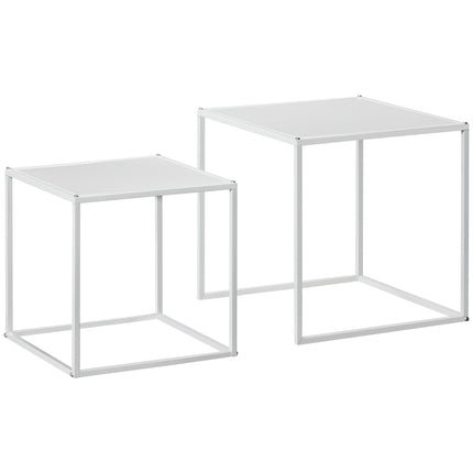 Moderner weißer quadratischer Couchtisch mit Stahlrahmen, 2er-Set
