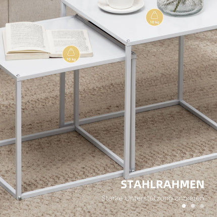 Moderner weißer quadratischer Couchtisch mit Stahlrahmen, 2er-Set