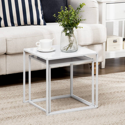 Moderner weißer quadratischer Couchtisch mit Stahlrahmen, 2er-Set