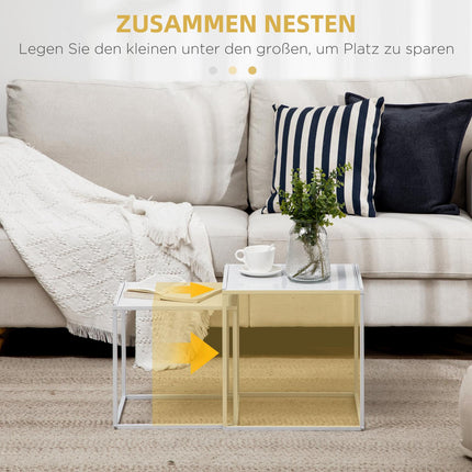 Moderner weißer quadratischer Couchtisch mit Stahlrahmen, 2er-Set