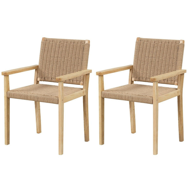 Lot de 2 chaises de jardin en bois avec maille en corde, dossier et accoudoirs naturel