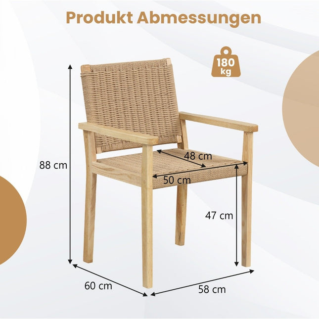 Lot de 2 chaises de jardin en bois avec maille en corde, dossier et accoudoirs naturel