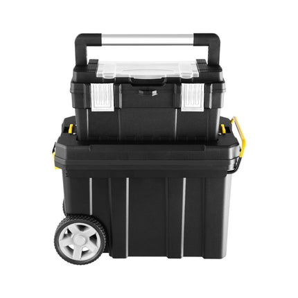 Lot de 2 valises à outils portatives avec poignée de traction et compartiment amovible, valise à outils sur chariot, noir