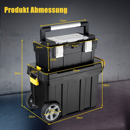 Lot de 2 valises à outils portatives avec poignée de traction et compartiment amovible, valise à outils sur chariot, noir