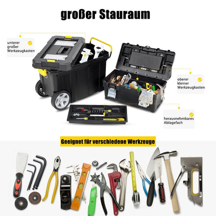 Lot de 2 valises à outils portatives avec poignée de traction et compartiment amovible, valise à outils sur chariot, noir