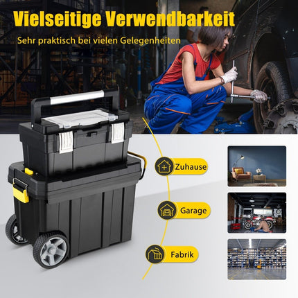 Lot de 2 valises à outils portatives avec poignée de traction et compartiment amovible, valise à outils sur chariot, noir