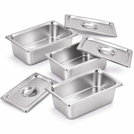 Set of 3 GN 1/4 Gastronorm Trays with Lids, 10 cm Deep, Stainless Steel
